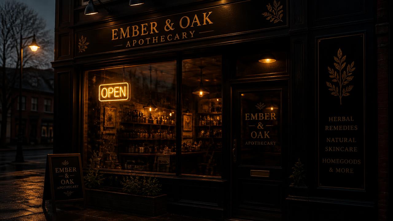 A warm, glowing small business storefront at dusk